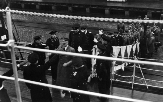 Adolf Hitler inspecting the Bismarck's battleship in Danzig